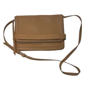 AllSaints Tan Beige East West Leather Flap Over Crossbody Bag Purse Zip Around